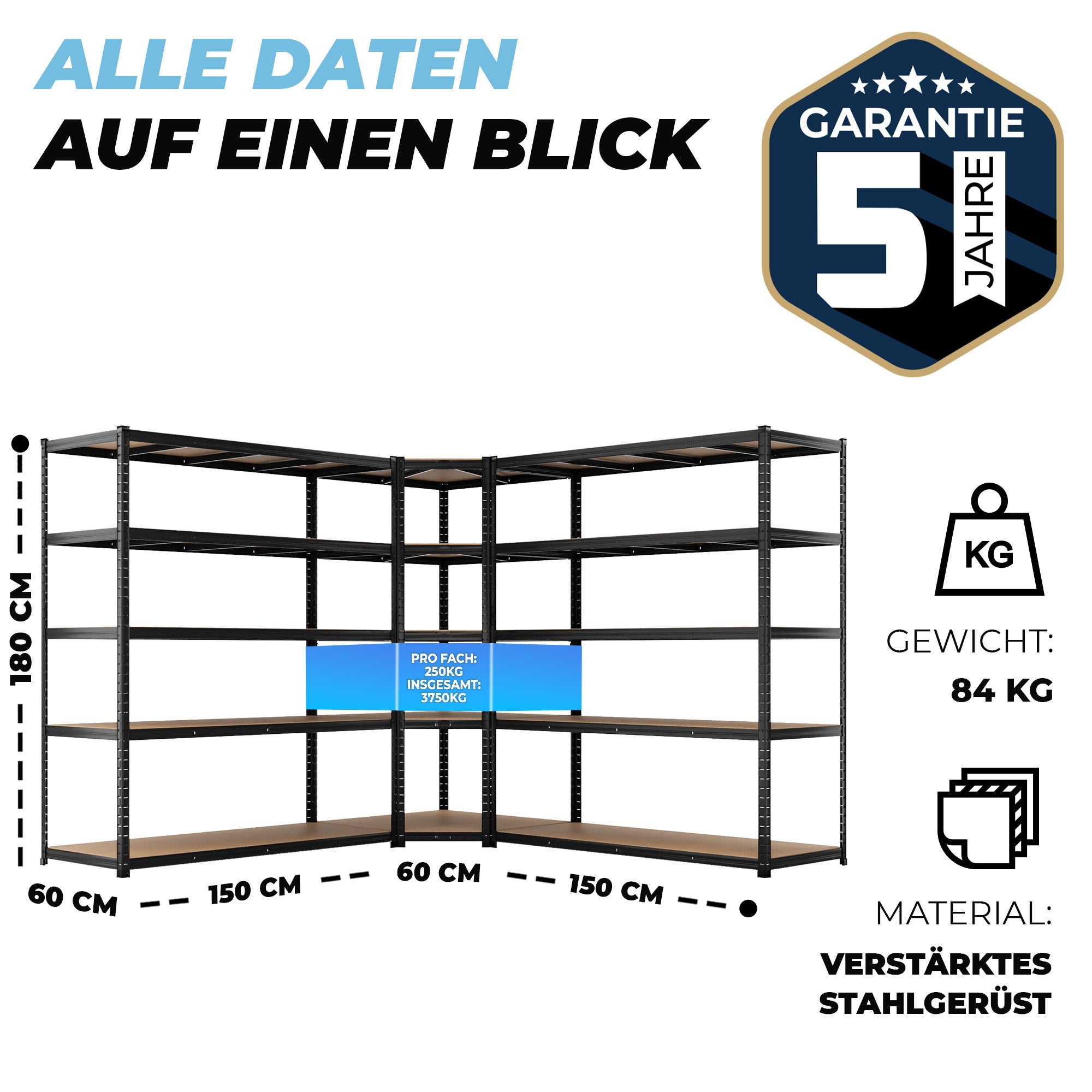 ALL Eckregal 180x90x60cm + 2x 180x150x60cm