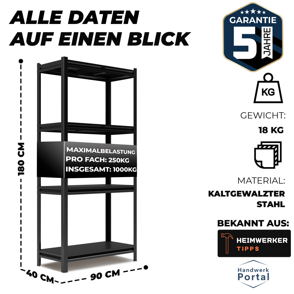 ALLSHELF Metallregal 180x90x40cm – Bild 2
