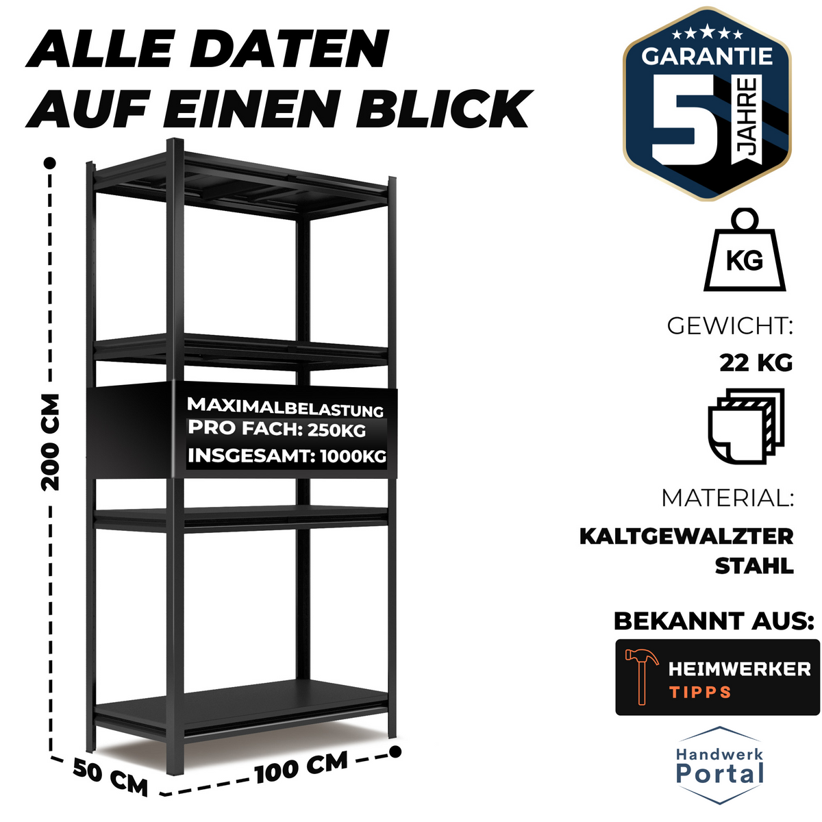 ALLSHELF Metallregal 200x100x50cm – Bild 2