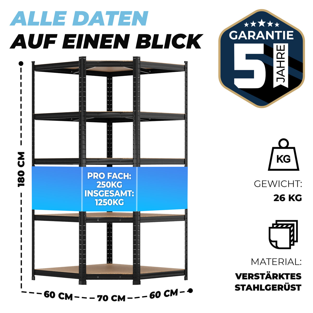 ALLSHELF Eckregal Schwerlastregal 180x90x60cm – Bild 2