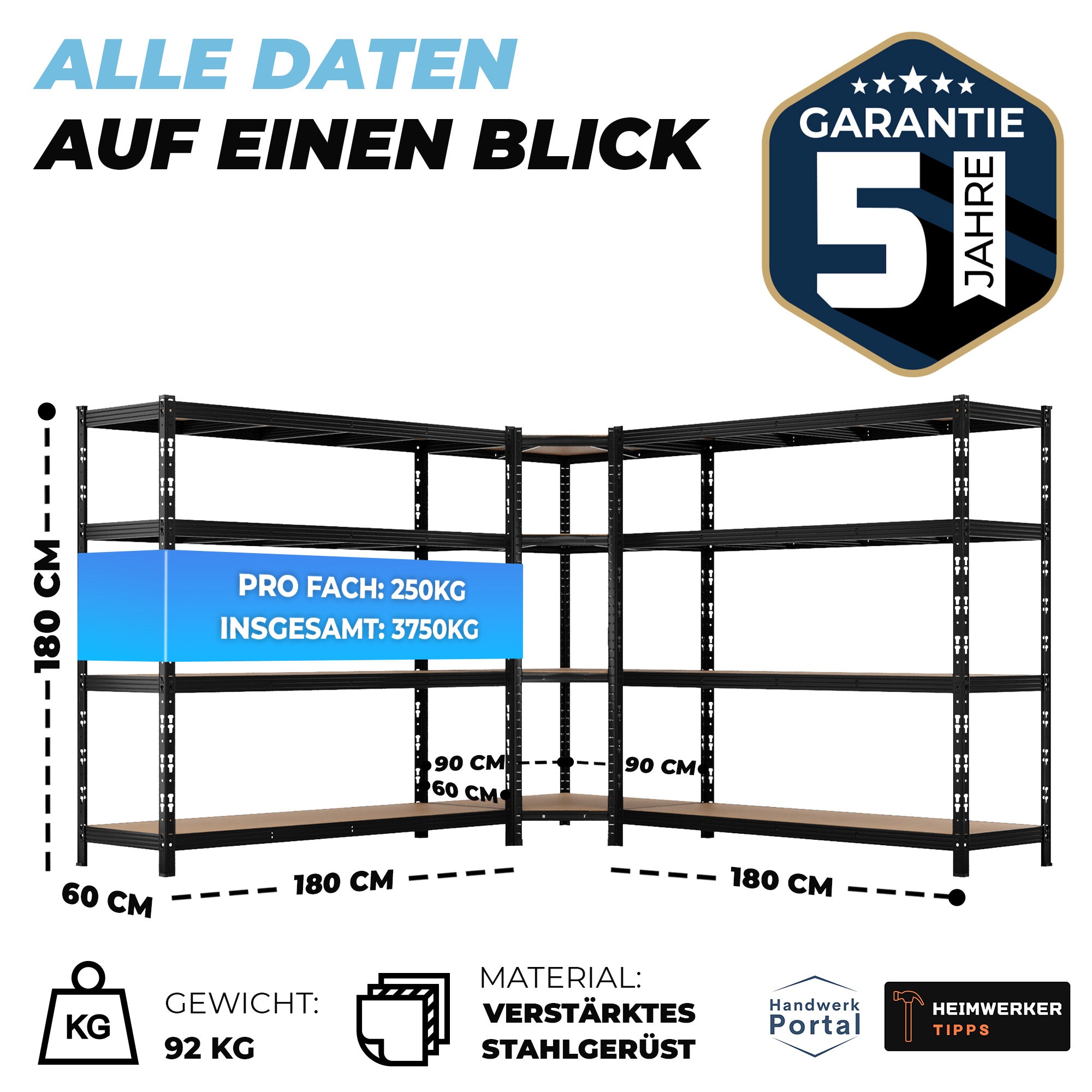 ALLSHELF Eckregal 180x90x60 cm + 2X 180x180x60 cm