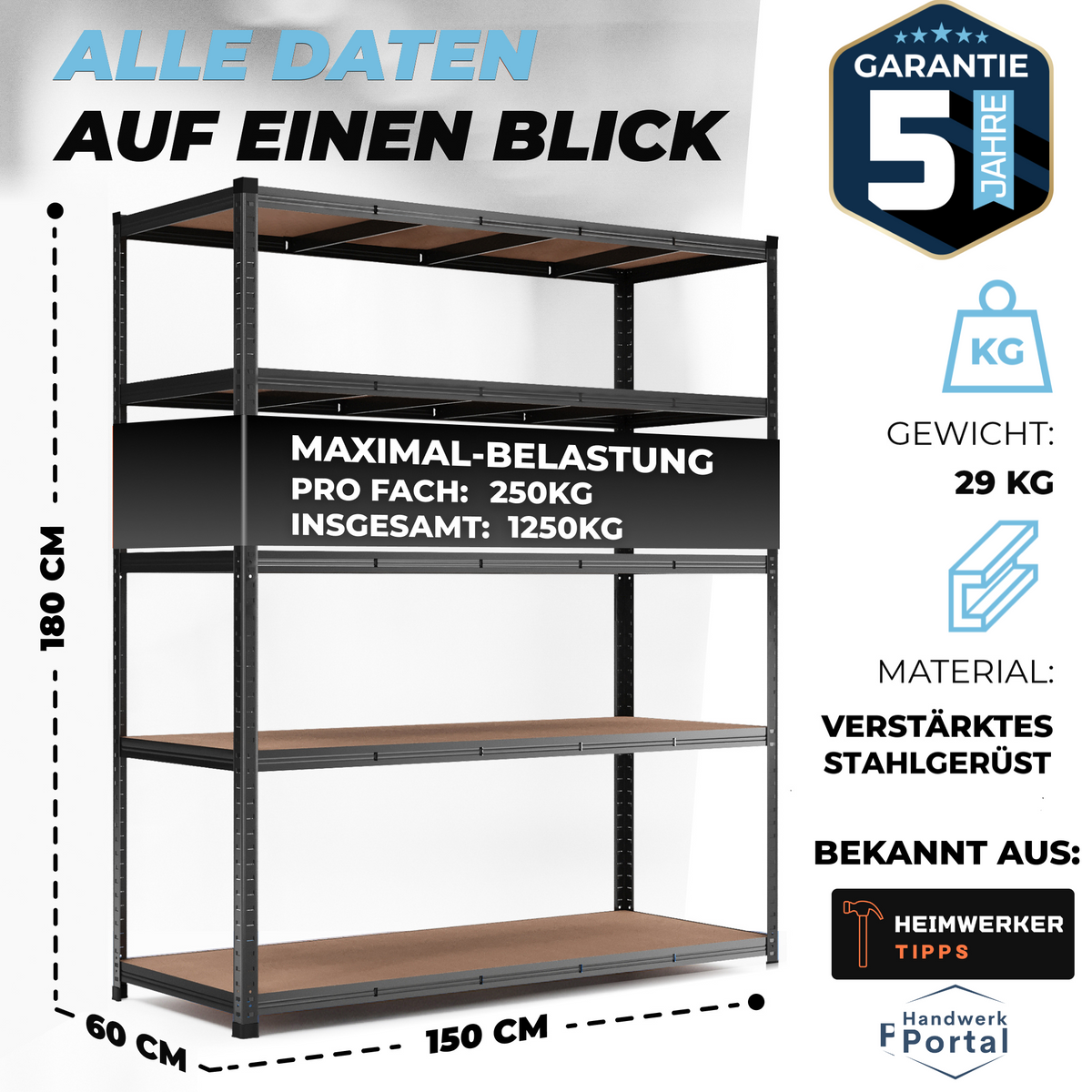 ALLSHELF Schwerlastregal 180x150x60cm – Bild 2