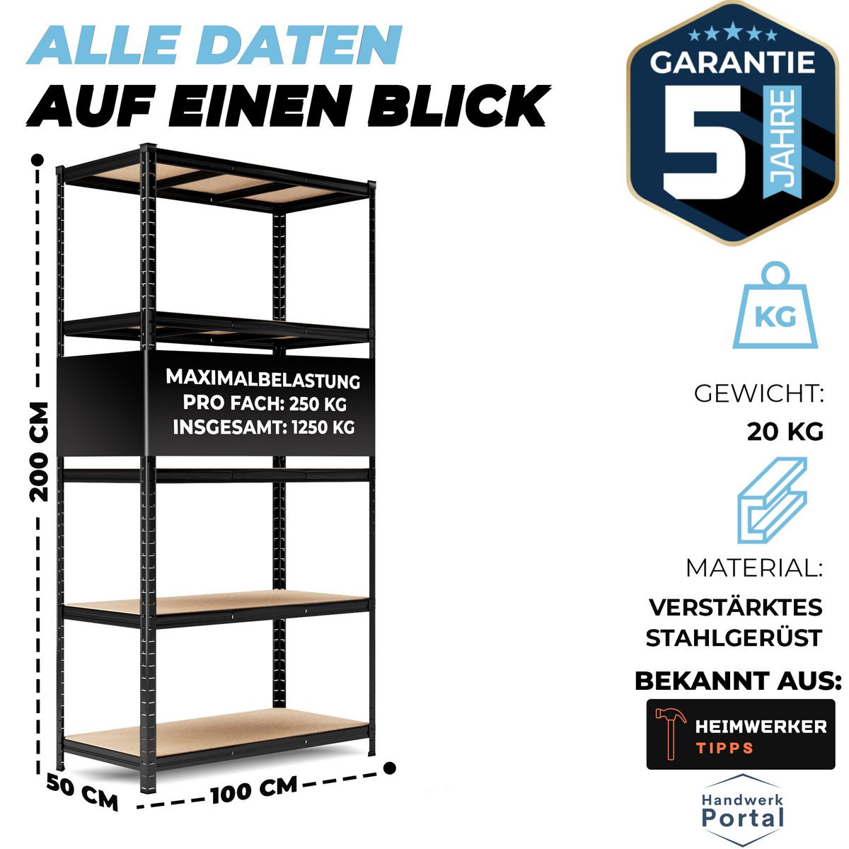 ALLSHELF Schwerlastregal 200x100x50cm – Bild 2