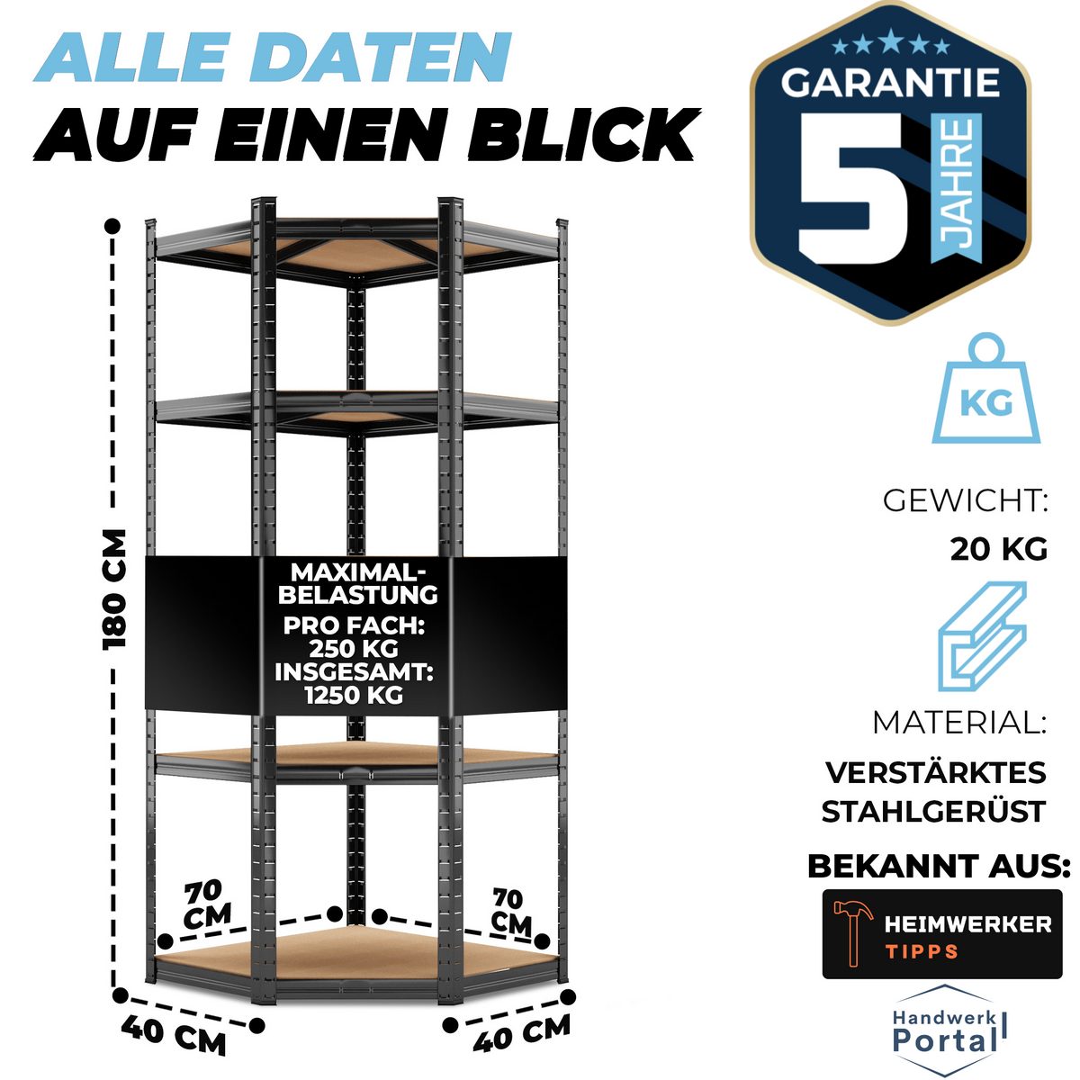 ALLSHELF Eckregal Schwerlastregal 180x70x40cm – Bild 2